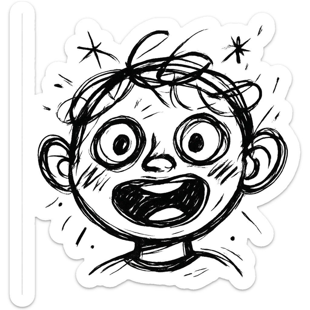chaotic black and white icon with expressive lines of a child boy's face sticker
