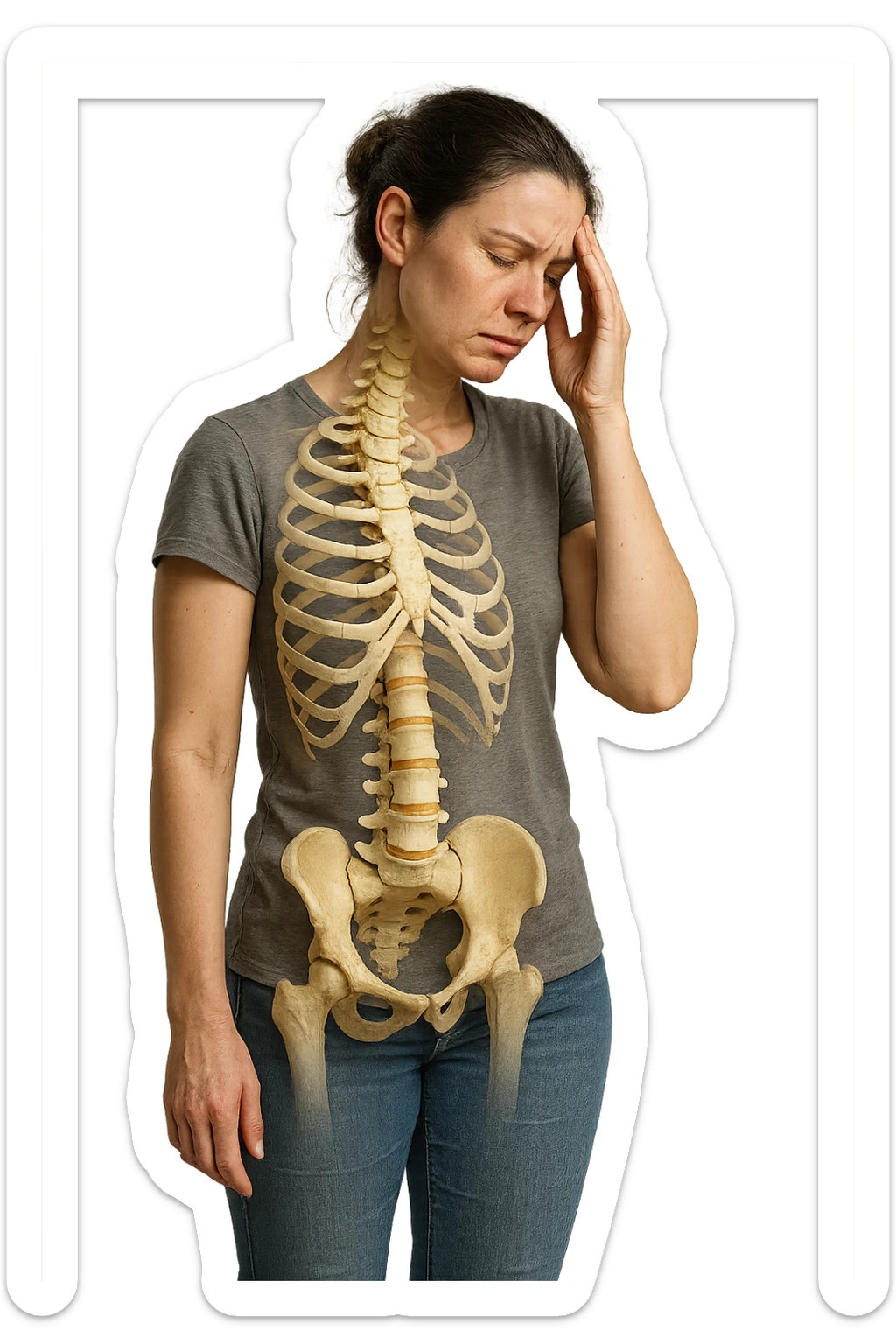 donna stanca a figura intera che si tiene una mano sulla tempia con spina dorsale anatomica visibile, iperrealistico 4k sticker