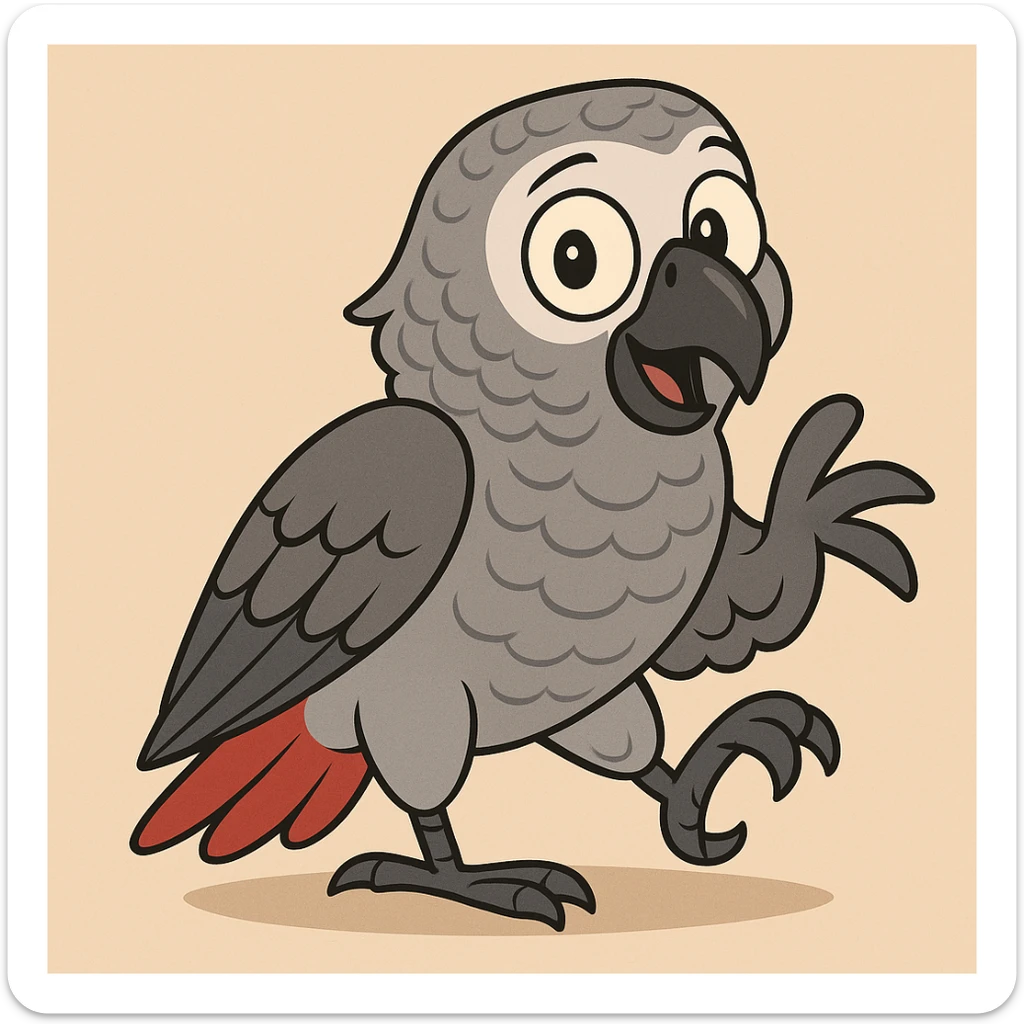 african grey parrot, cartoon style, big eyes, playful pose sticker