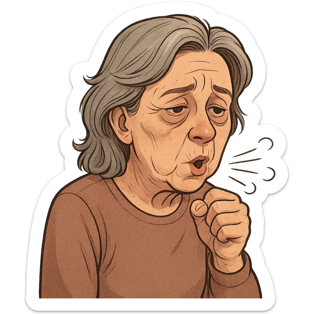 60 year old woman with bags under her eyes, coughing, realistic cartoon style sticker