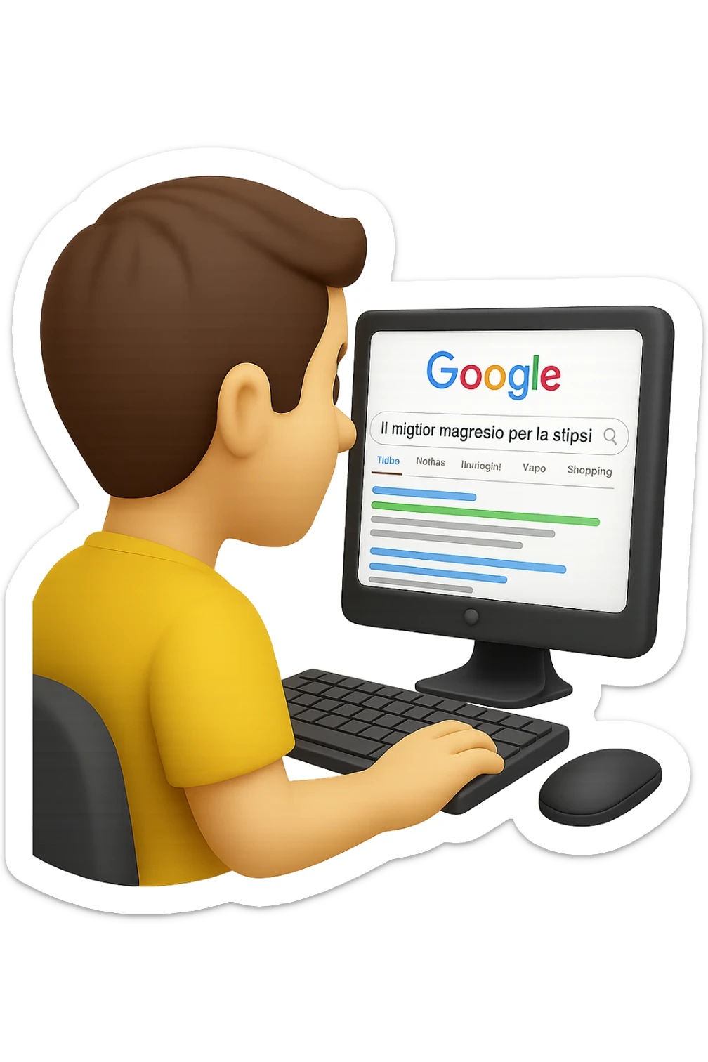 emoji stile iphone di un uomo davanti al pc che cerca di google: "Il miglior magnesio per la stipsi", iperrealistico 4k sticker