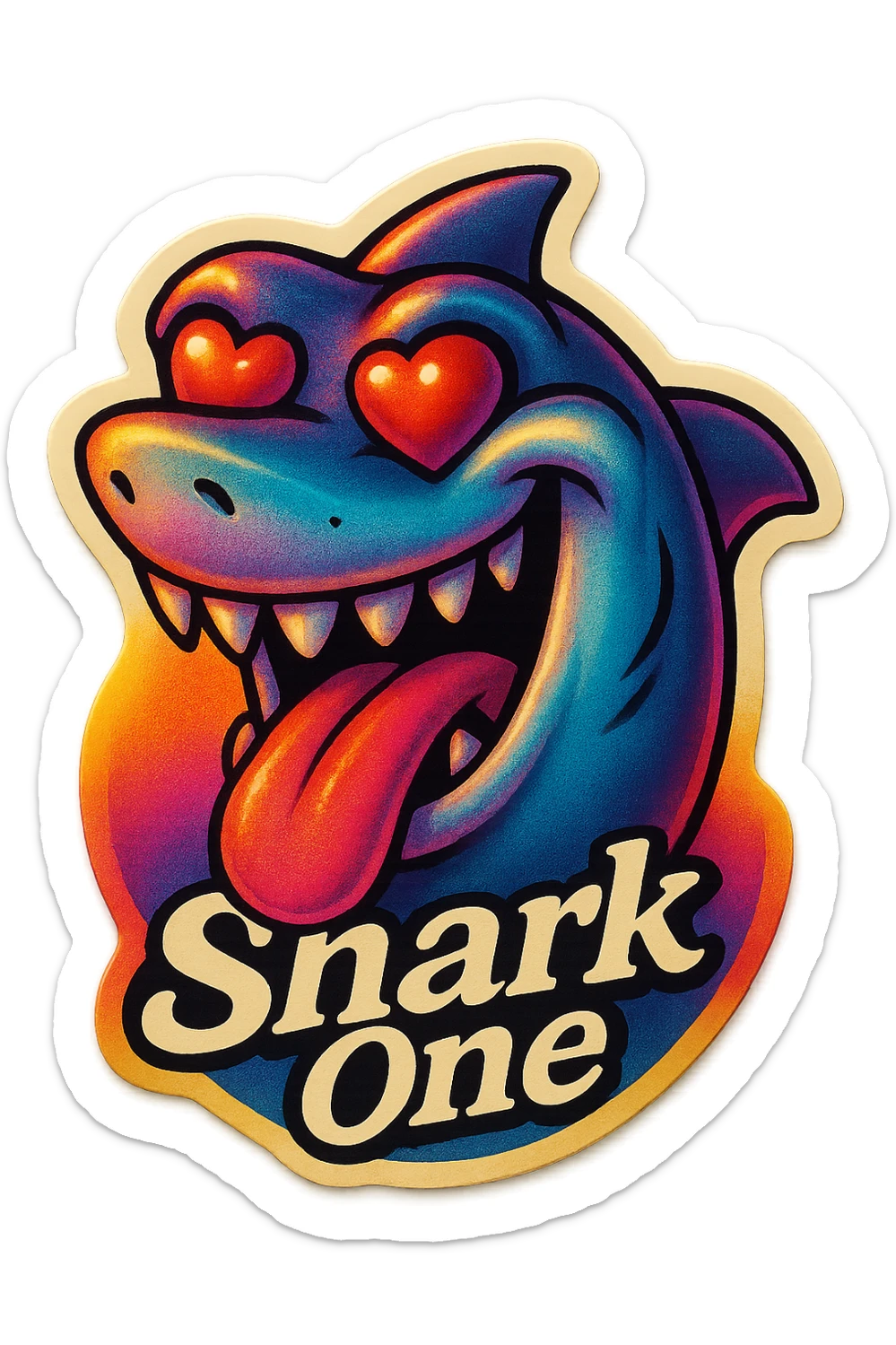 mouth open with tongue out heart shaped eye add the words “ Shark One " in White sticker