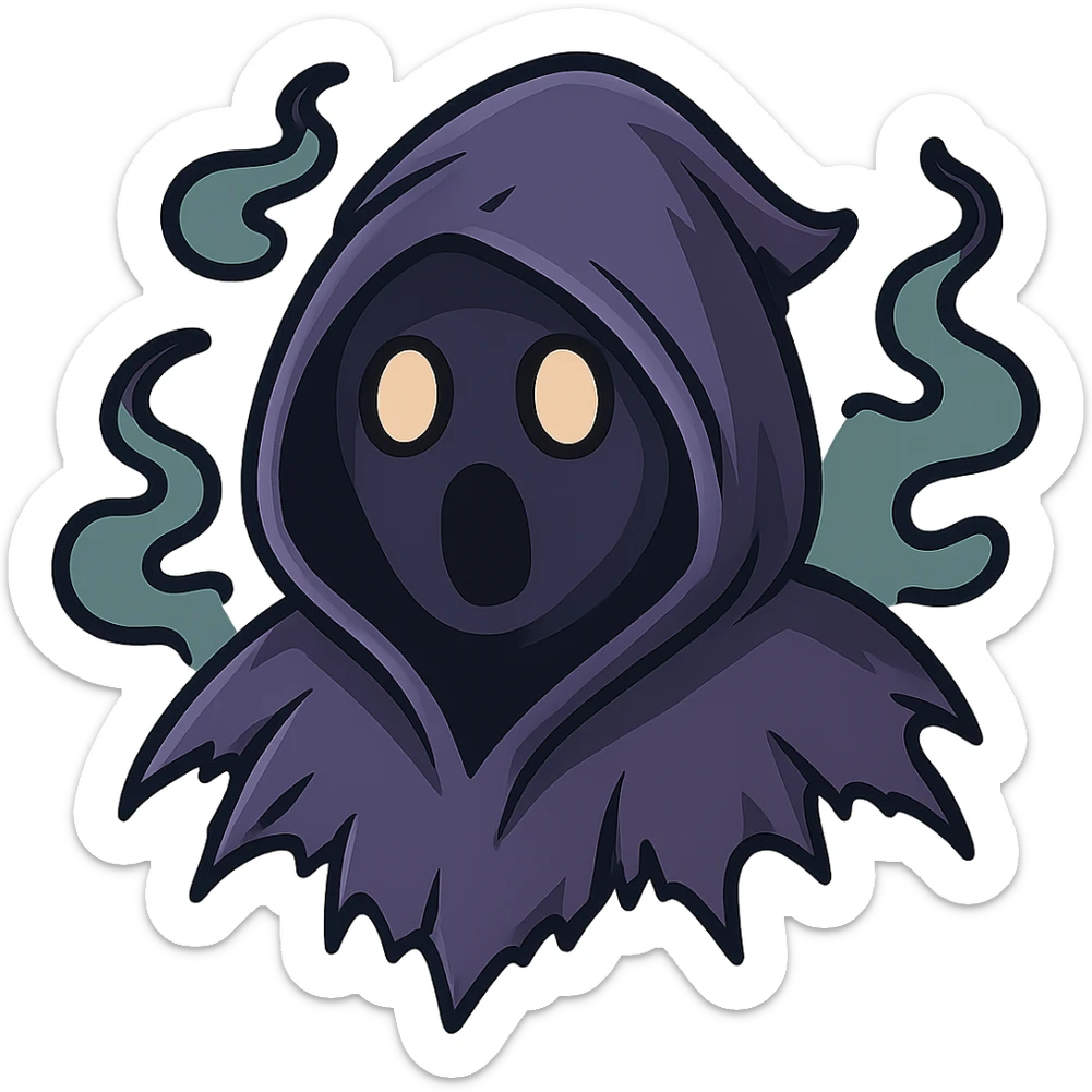 Refine the torn and ruffled hood details, making the edges more jagged and intricate, with extra emphasis on the tattered, ethereal look. Keep the surprised expression and the interplay of light and shadow forming the face, with no background. sticker