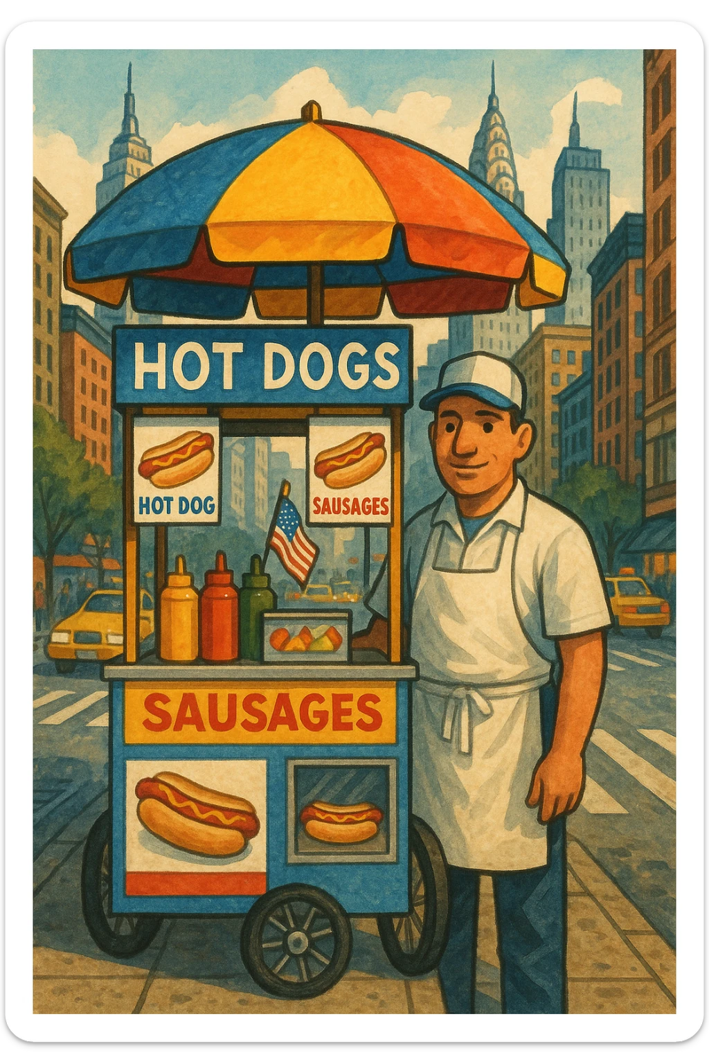 hotdog seller in New York with cart sticker