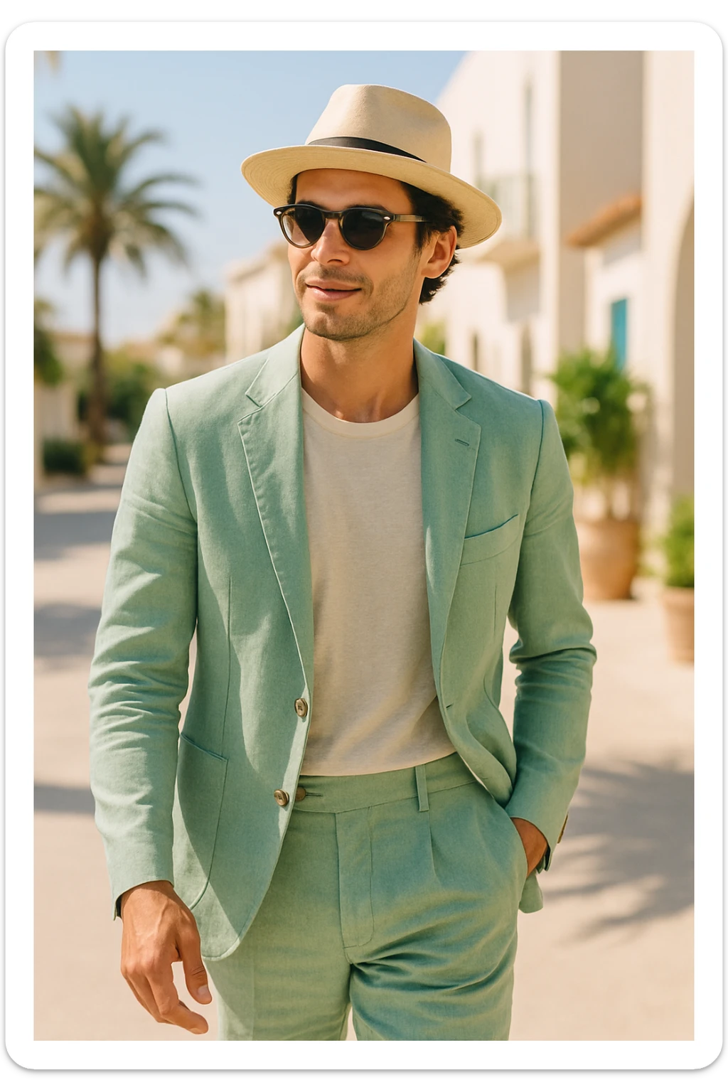 man in a pastel green linen suit, sunglasses, straw hat, casual summer vibe sticker