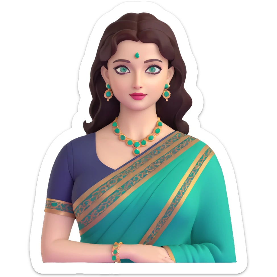 Aishwarya Rai in an elegant saree, traditional Indian look, blue-green eyes sticker
