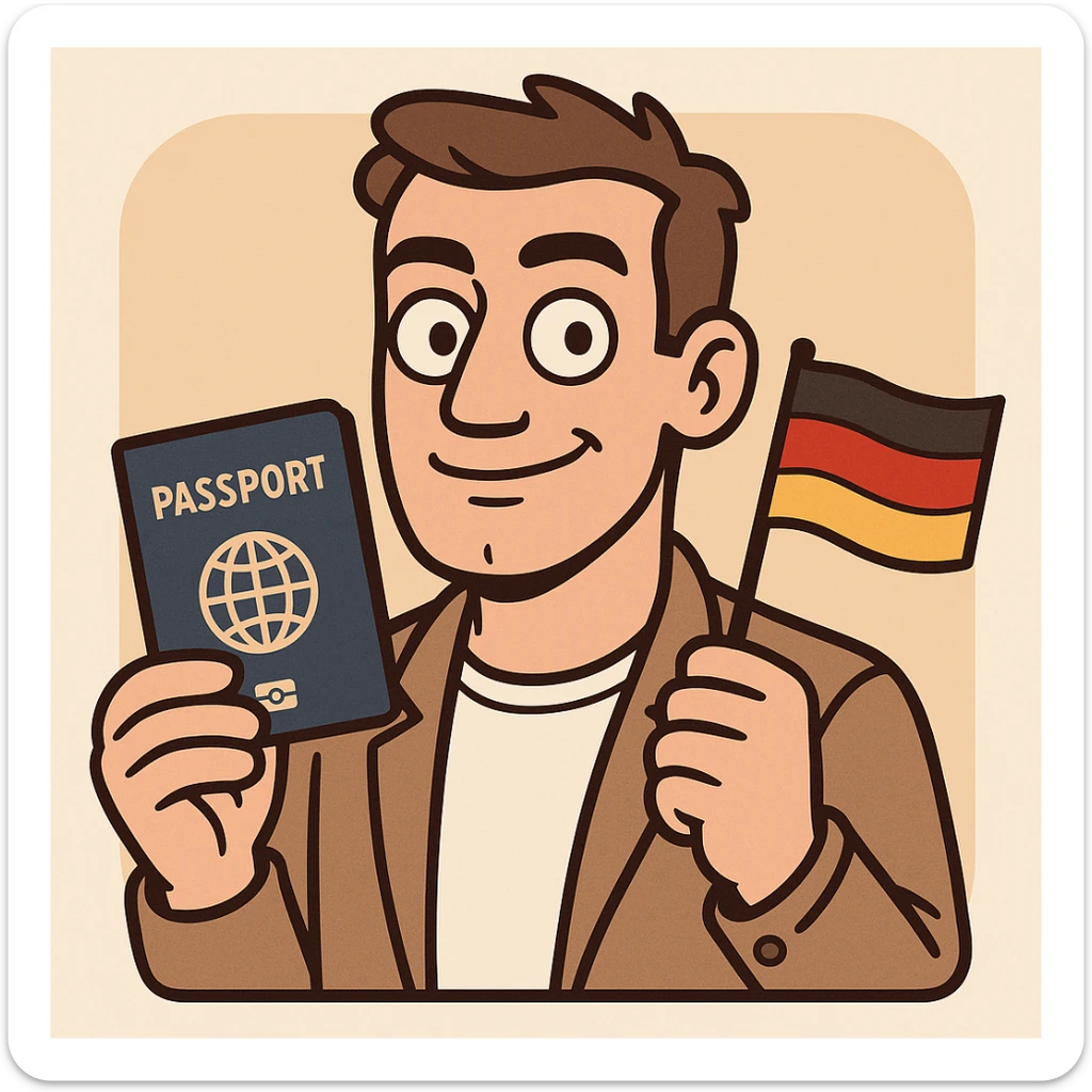cartoon character with a passport and a small German flag, confident and trustworthy, modern app icon style sticker