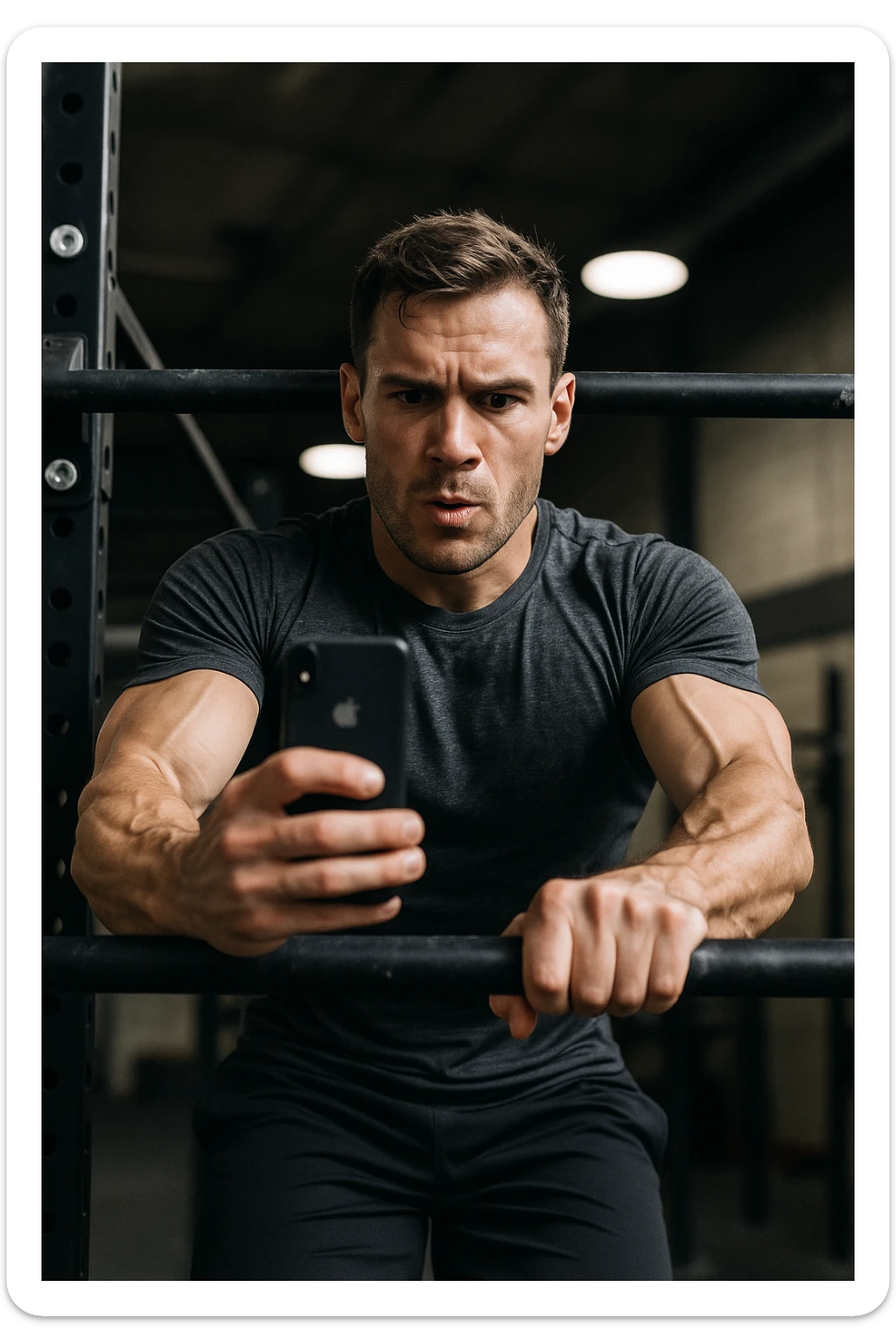 uomo che fa Muscle up e si sta filmando davanti con il telefonino per vedere la sua posizione dei gomiti e delle mani sulla sbarra sticker