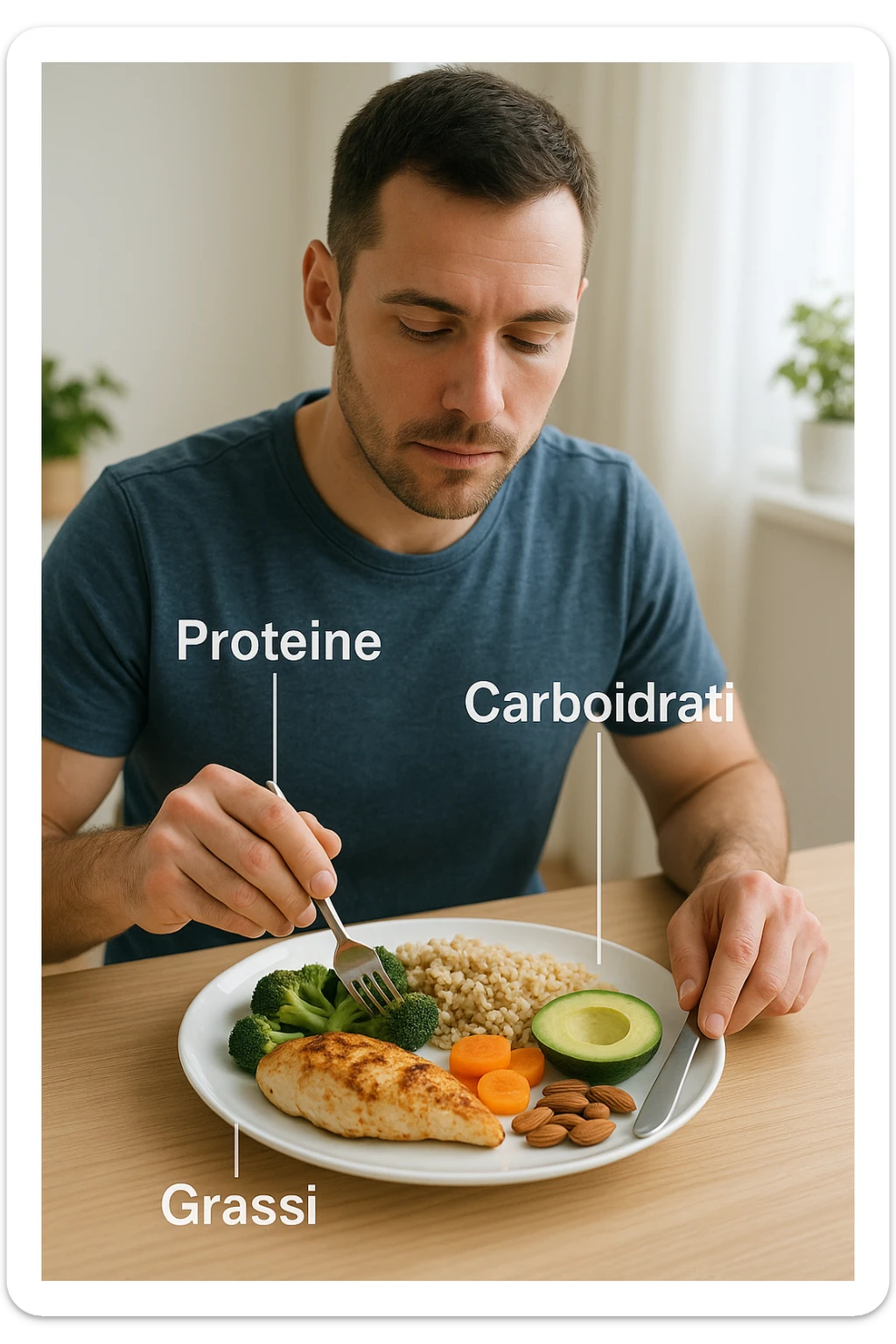 uomo che fa alimentazione attraverso i giusti macronutrienti. Scritte in ITALIANO immagine 4k realistica sticker