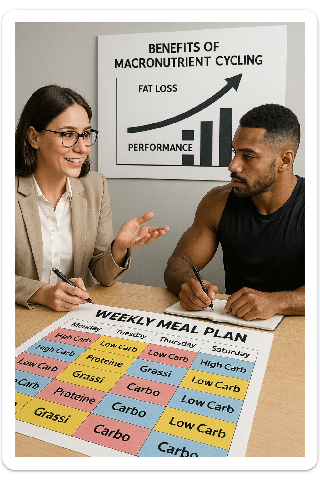 a nutritionist explains to an athlete how to cycle macronutrients for fat loss and training. On the desk, a weekly meal planner shows alternating high-carb and low-carb days, with color-coded sections for proteine, grassi, and carbo. The athlete takes notes, and a chart in the background illustrates the benefits of nutrient cycling. The mood is professional and educational. scritto in italiano sticker