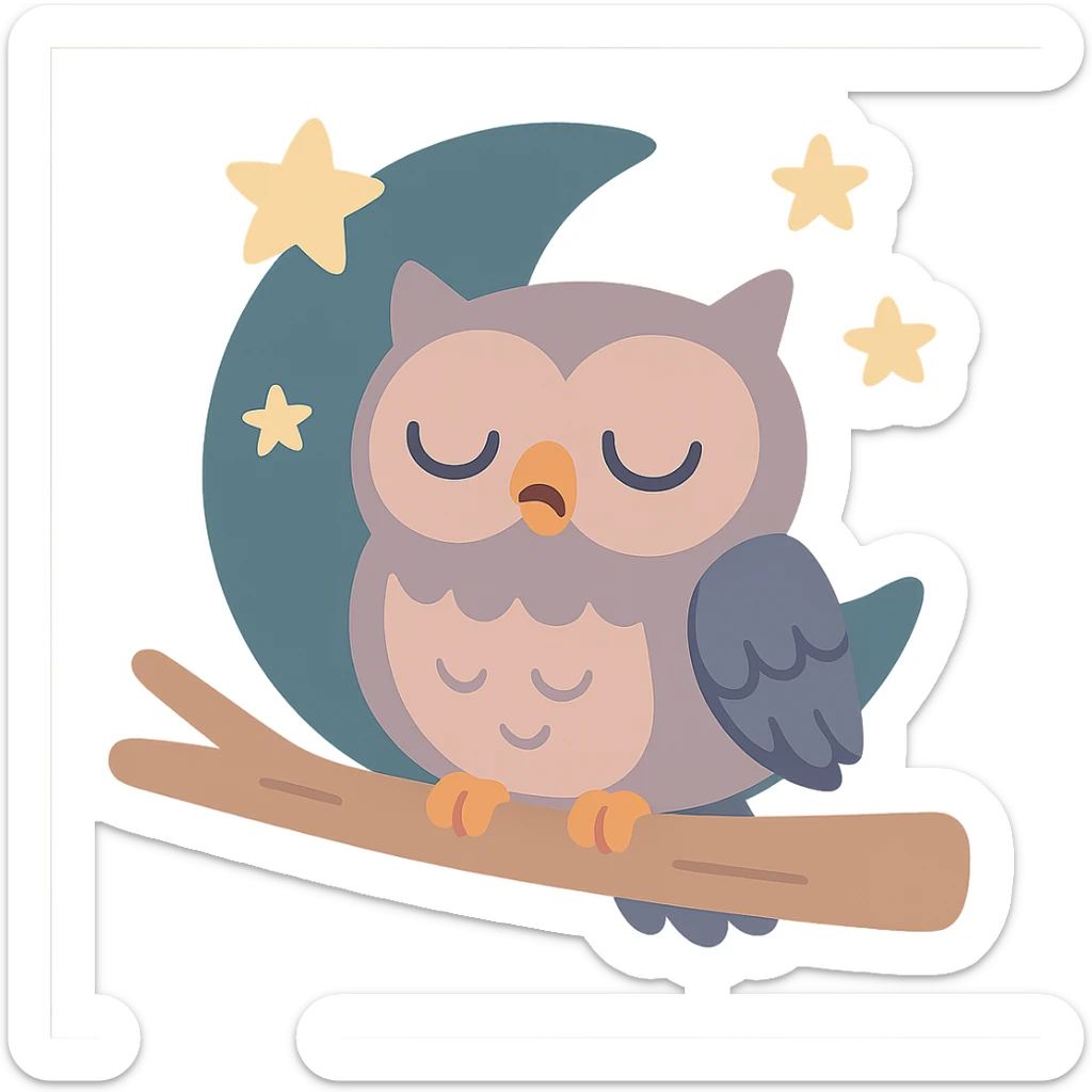 sleepy owl on a tree branch with stars, muted night palette, soft pastel colors, transparent background, pastel toon style sticker