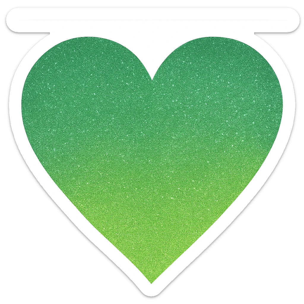 Edit the glittery blue color heart with a subtle gradient and no border to a glittery green color heart with a subtle gradient and no border. Keep the background transparent. Maintain the glittery texture and subtle gradient effect in green sticker