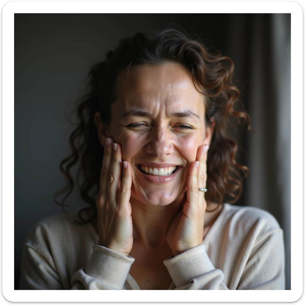 Donna con PCOS che mostra gioia e sollievo perché ha finalmente il ritorno del ciclo mestruale, espressione felice, mani sul viso o gesto di esultanza, ambiente realistico, dettagli iperrealistici 4K, formato verticale 9:16. sticker