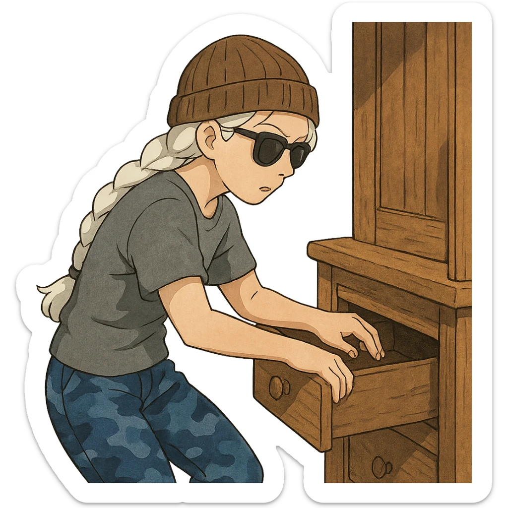 1 female, long white braid, knit cap, dark sunglasses, GRAY T-SHIRT, blue camo pants, LOOTING A CABIN, OPENING A DRAWER sticker