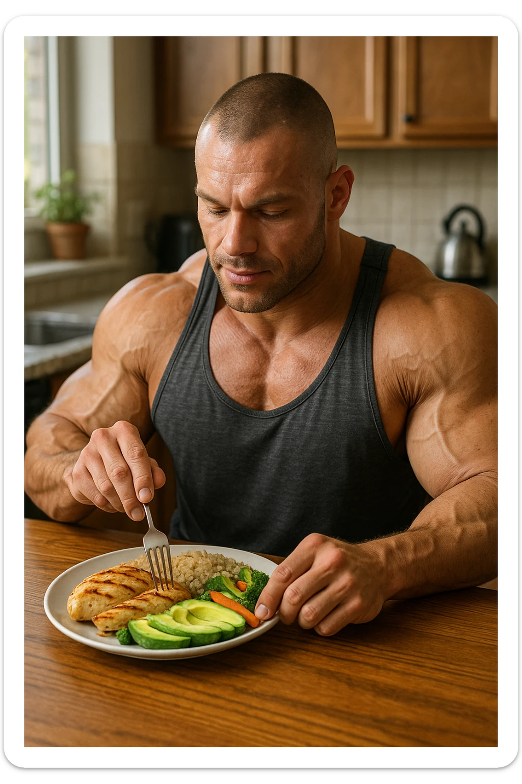 muscular bodybuilder eating a meal rich in proteins, carbohydrates, and good fats, realistic environment, detailed, 2:3 aspect ratio sticker