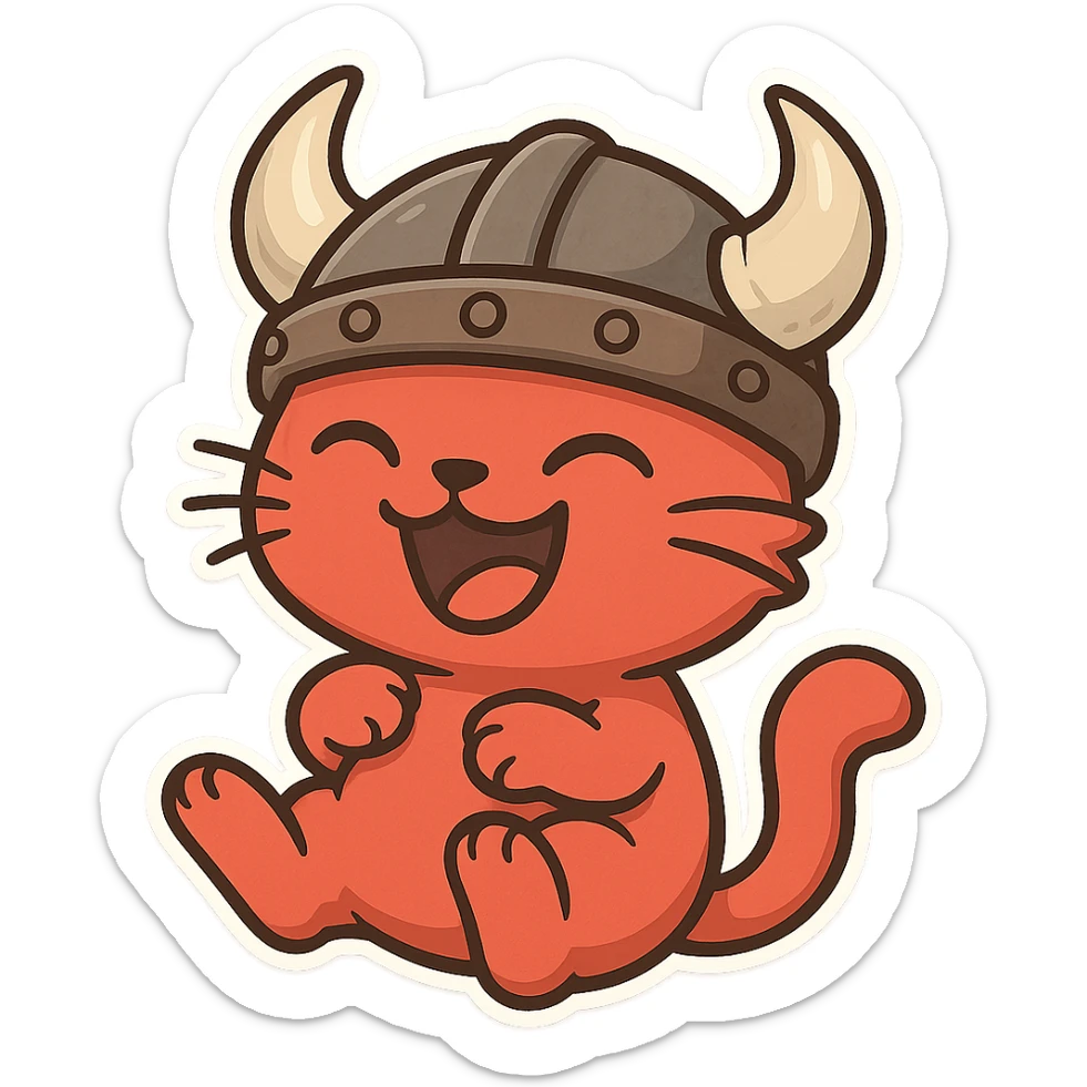a laughing red viking cat cute and chibi with a horned helmet and wide grin sticker