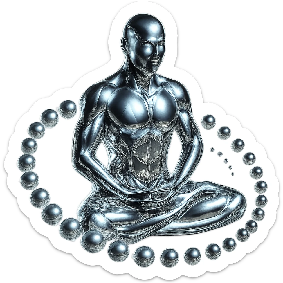 Add a glowing aura around the meditating chrome figure and the spiral of spheres, keep the style highly polished and metallic, no background. sticker