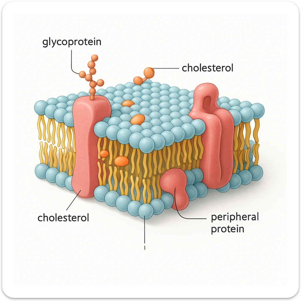 A highly detailed, scientifically accurate cross-section of a biological cell membrane (lipid bilayer) on a white background, ultra-realistic 3D illustration. Show the phospholipid bilayer with hydrophilic heads (round, polar) facing outward and hydrophobic tails (chains) inside. Include embedded proteins (integral and peripheral), cholesterol molecules (small, rigid), glycoproteins with sugar chains, and ion channels. The style should be clean, lab-textbook style, with subtle shadows and depth. Use a color scheme: light blue for hydrophilic heads, yellow for hydrophobic tails, red/pink for proteins, and orange for cholesterol. Microscope-like precision, no artistic stylization. Educational diagram of the Fluid Mosaic Model, cross-sectional view with labels for 'glycoprotein', 'cholesterol', and 'peripheral protein', vector graphic style. sticker