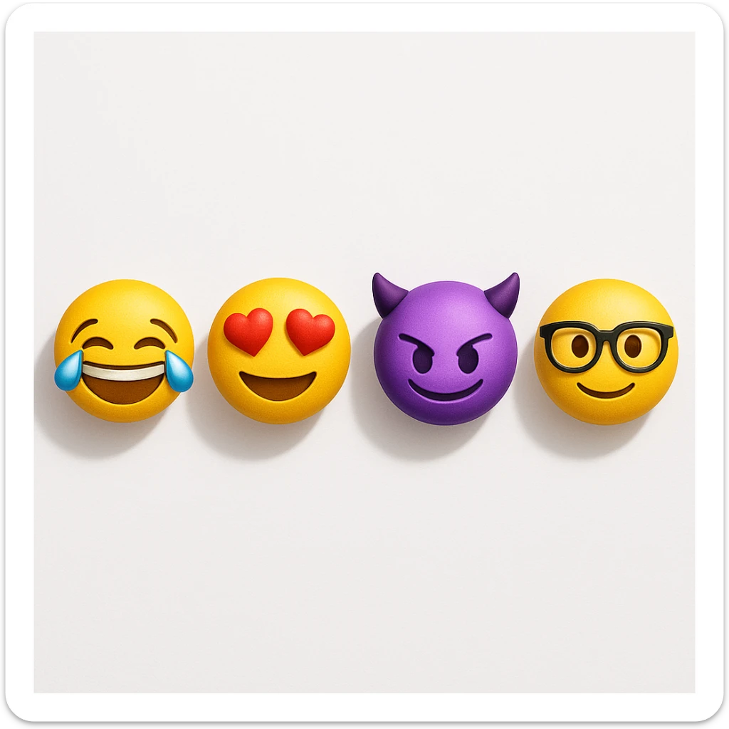 make four emojis on white background with good amount of shadow, four emojis of smiley's only. one laughing, second heart eyes, third purple devil and four black glasses emojis  sticker