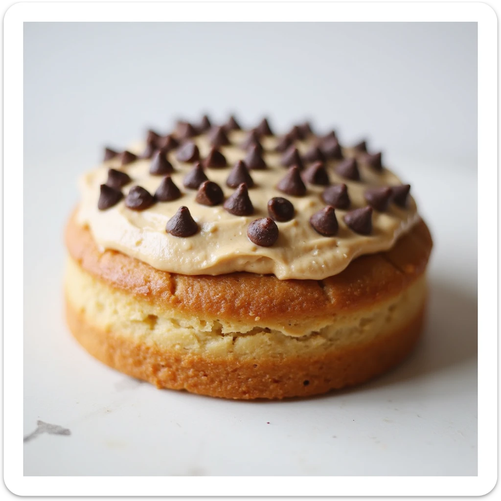 realistic round cake with peanut butter frosting and chocolate chips, photorealistic style sticker