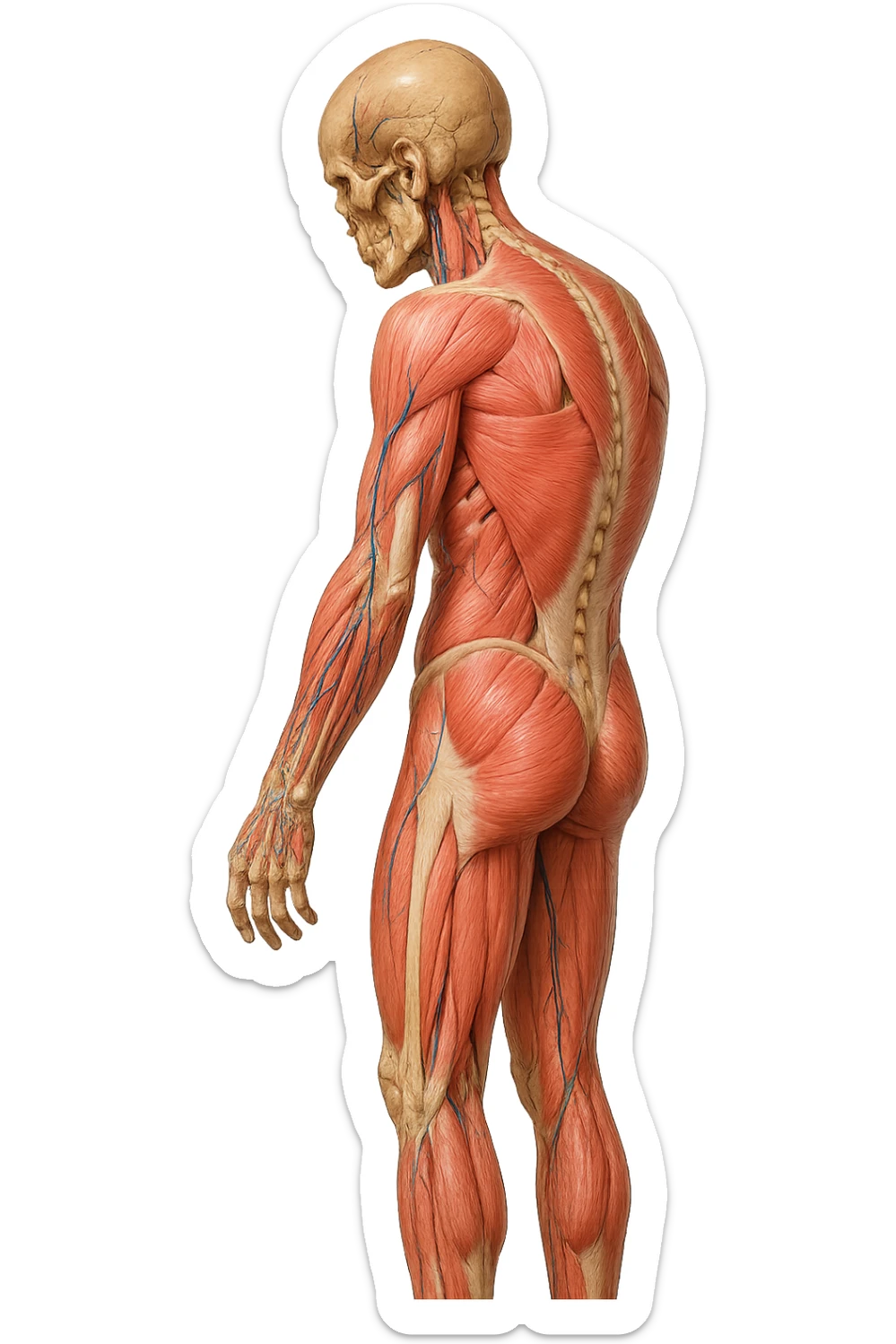 corpo umano anatomico realistico leggermente curvo con la schiena e le spalle che puntano leggermente in avanti, postura delle spalle chiuse, isolato su sfondo bianco sticker