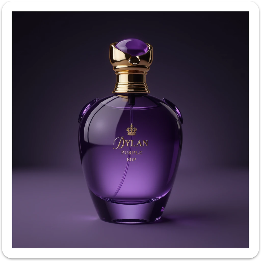 realistic purple perfume bottle with gold trim, inspired by 'Dylan Purple EDP', exuding luxury and sophistication sticker
