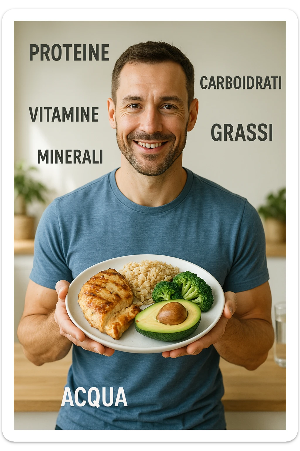 uomo che fa alimentazione attraverso i giusti macronutrienti. Scritte in ITALIANO immagine 4k realistica sticker