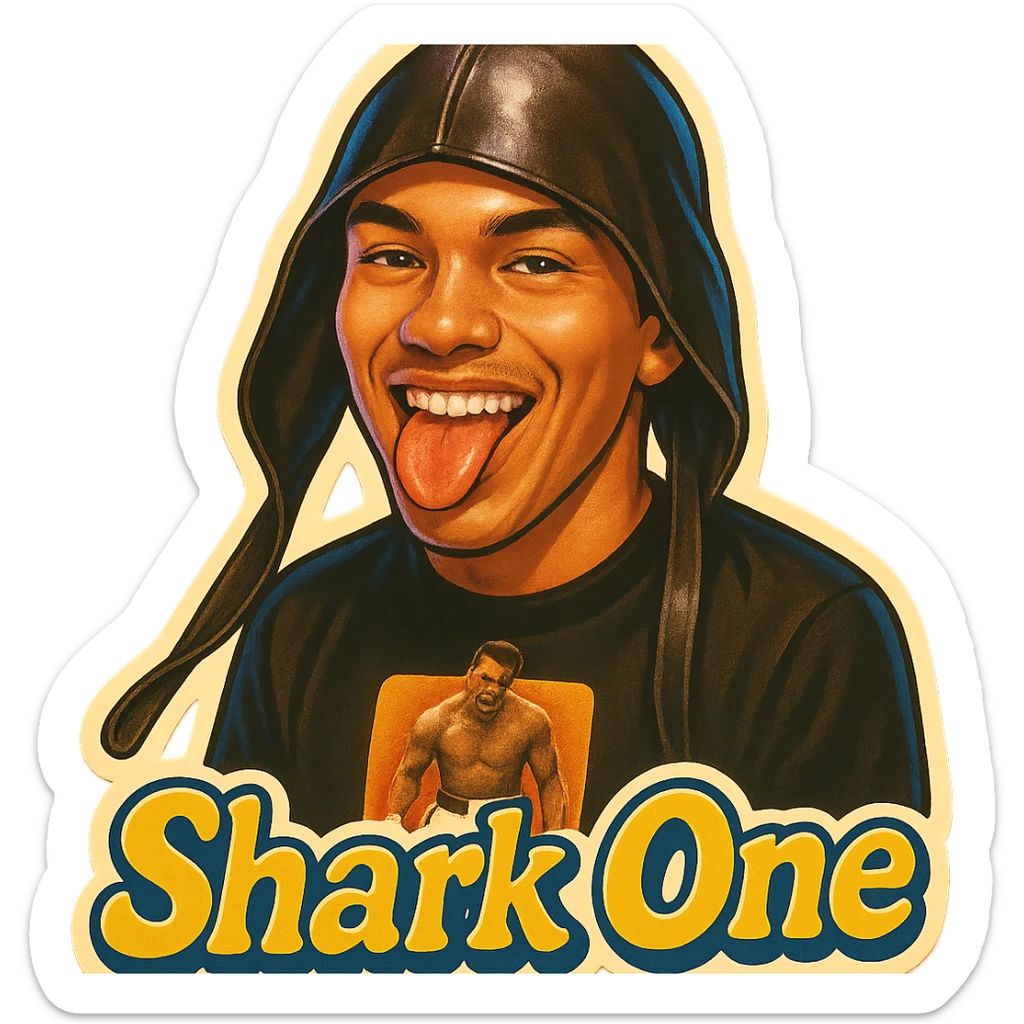 Make him Smiling with tongue sticking out
Add the words Shark One sticker