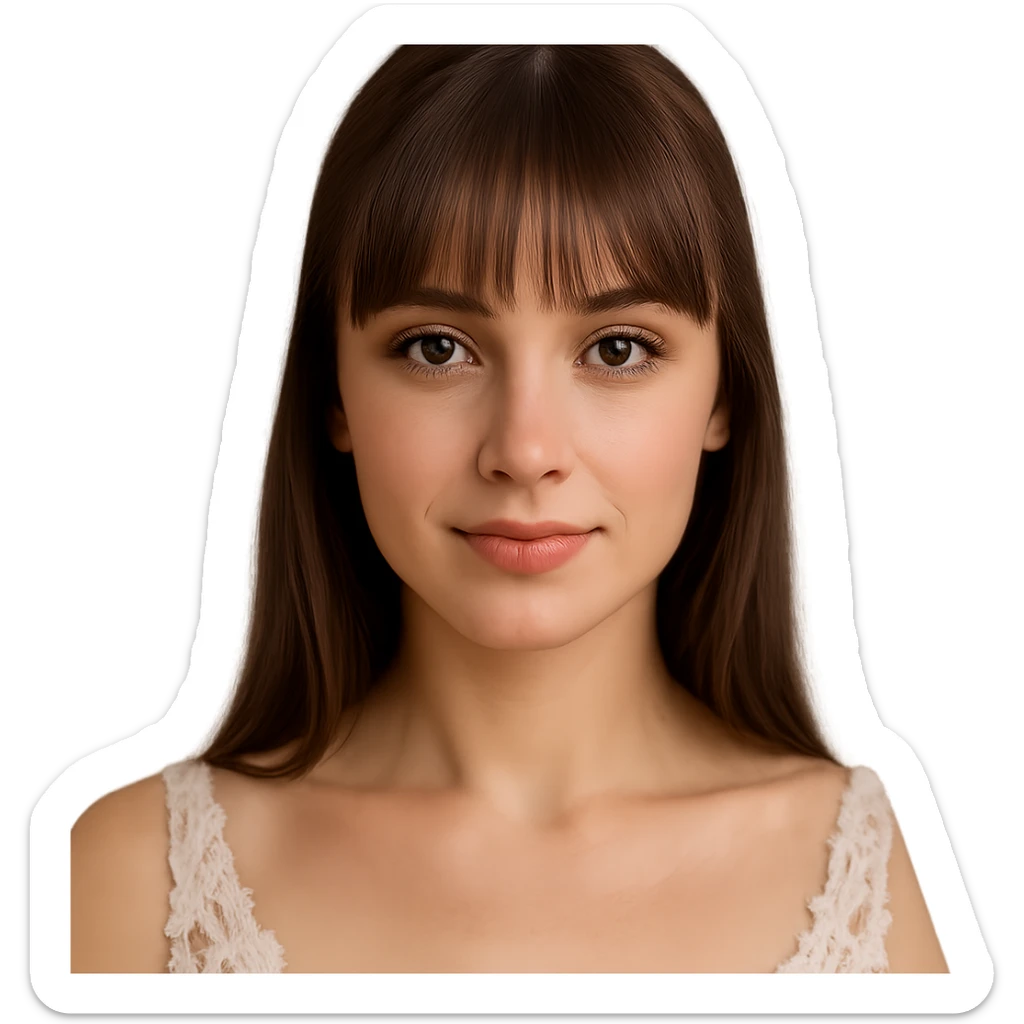 bride with light skin, hazel eyes, brunette straight hair with bangs, close-up portrait, soft background sticker