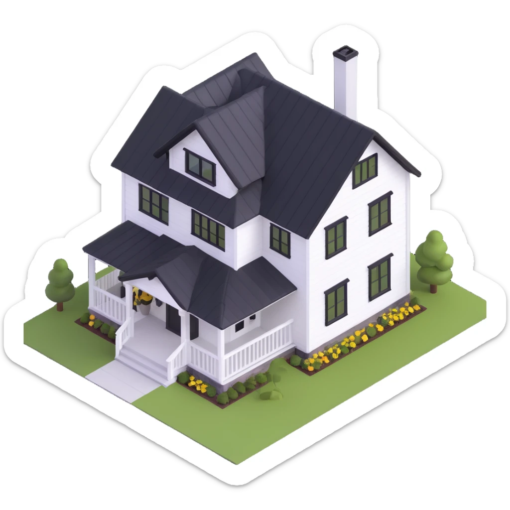 modern farmhouse with white siding, black roof and black trim, isometric exterior view sticker