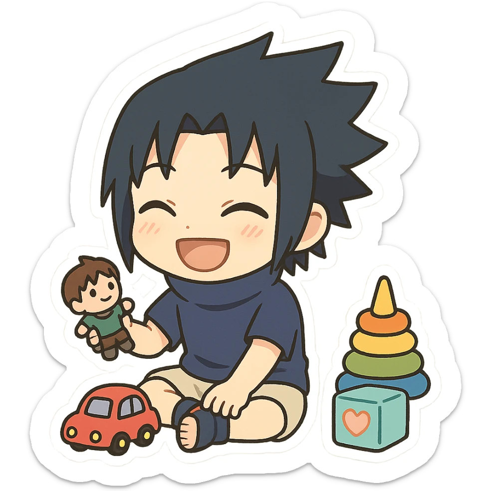 Kid Sasuke, playing with toys with a bright smile, adorable chibi sticker, innocent version of Sasuke sticker