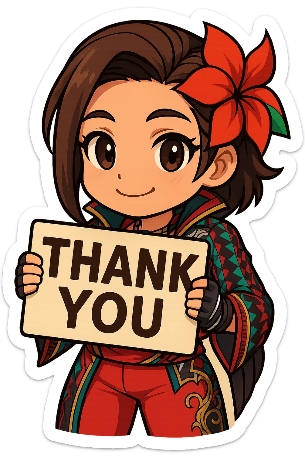 Azucena from Tekken 8 in chibi sticker style, holding a sign that says 'THANK YOU', grateful expression, wearing the detailed red and patterned outfit from the reference images, designed for Twitch emote use. sticker