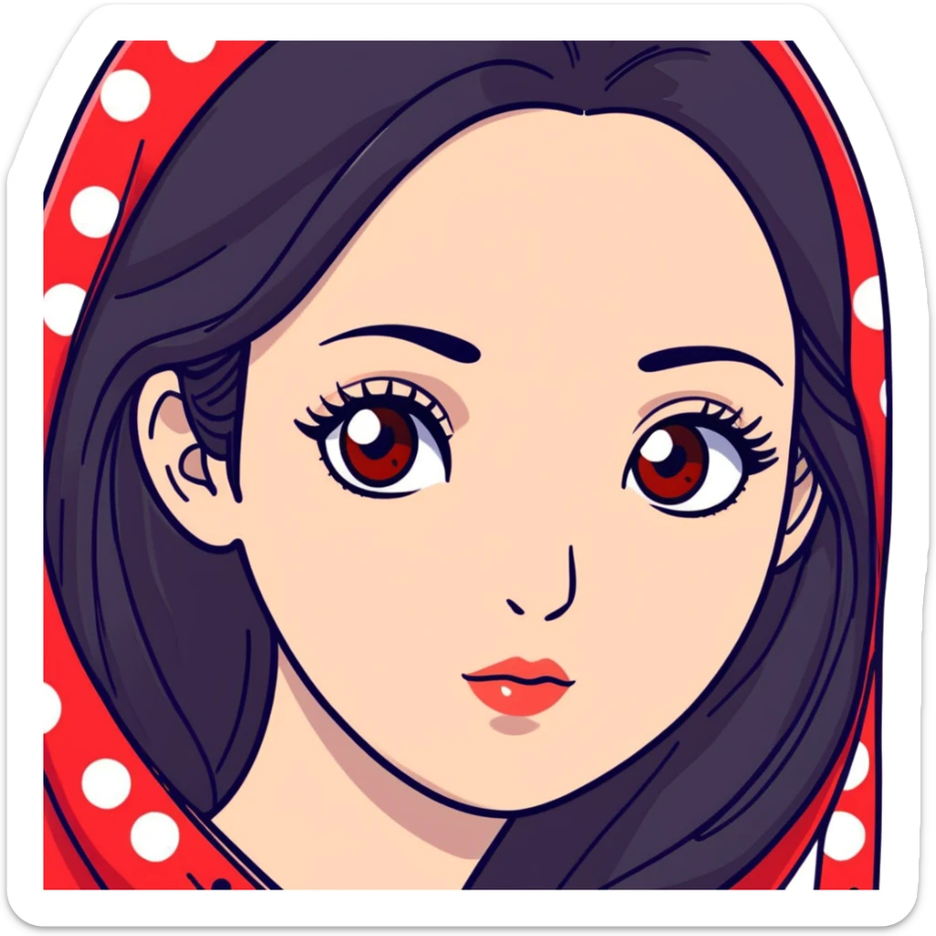 White girl with long oval shaped face, large almond shaped eyes with long eyelashes, long straight black hair falling in front of her bare shoulders, face closeup, with red and white gopi dots decorating her forehead above eyebrows sticker