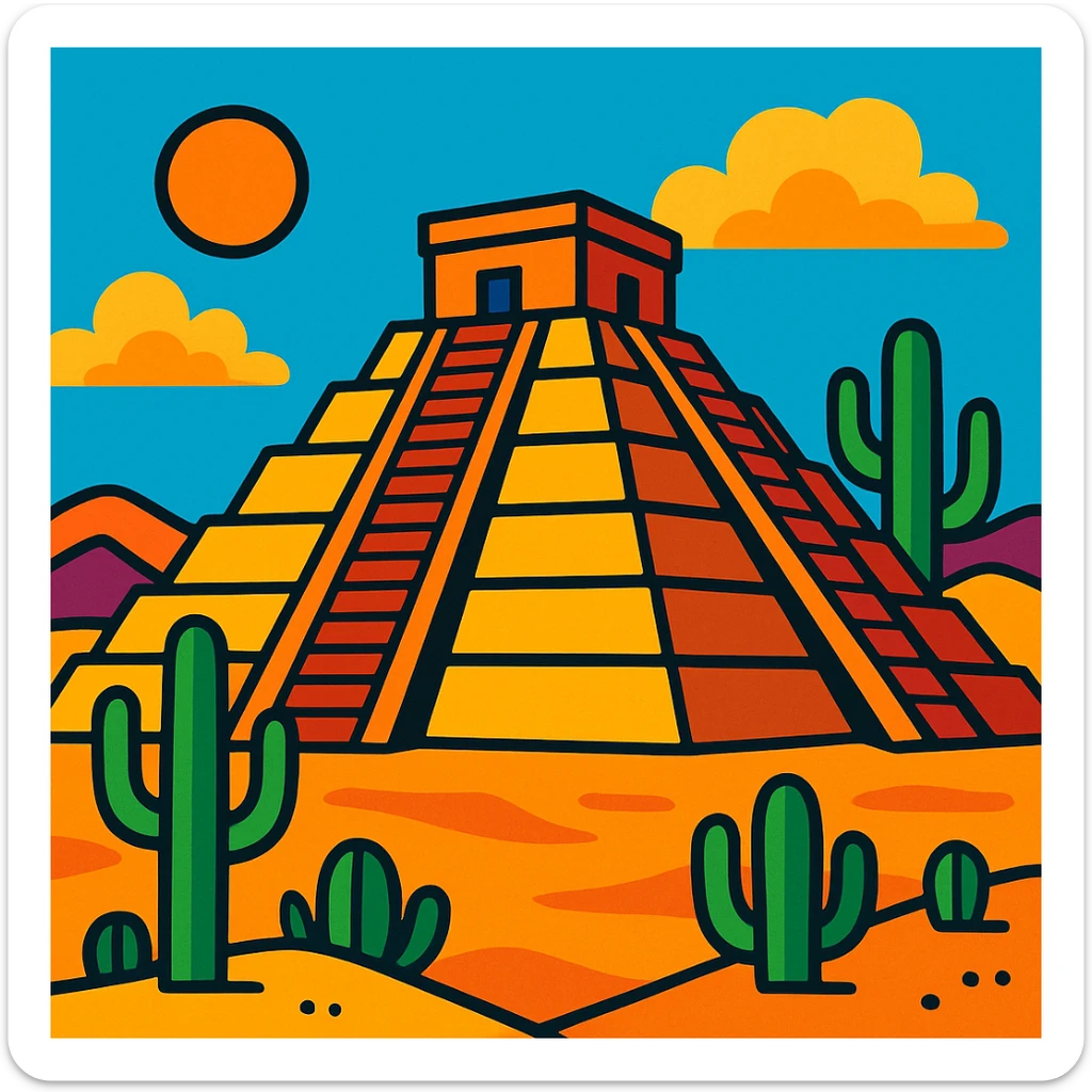 Mexican pyramid with cacti and desert background in vibrant toon style sticker
