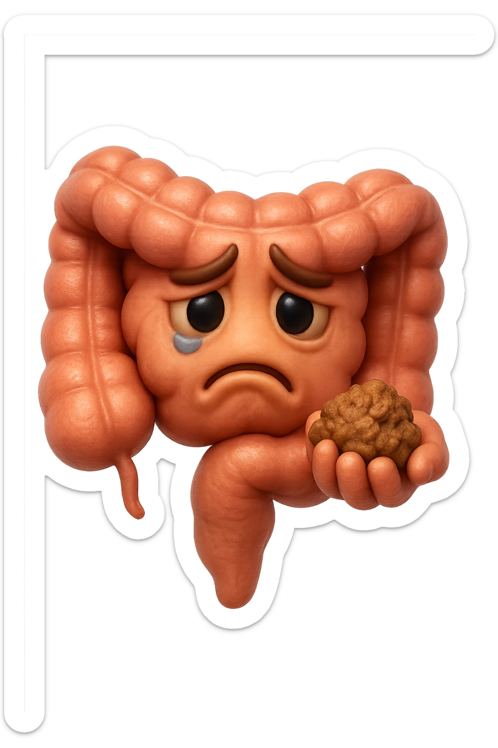 EMOJI STILE IPHONE 3D DI un intestino con espressione triste mentre tiene in mano delle fibre fermentate a poltiglia, FALLO MOLTO REALISTICO IN 3D sticker