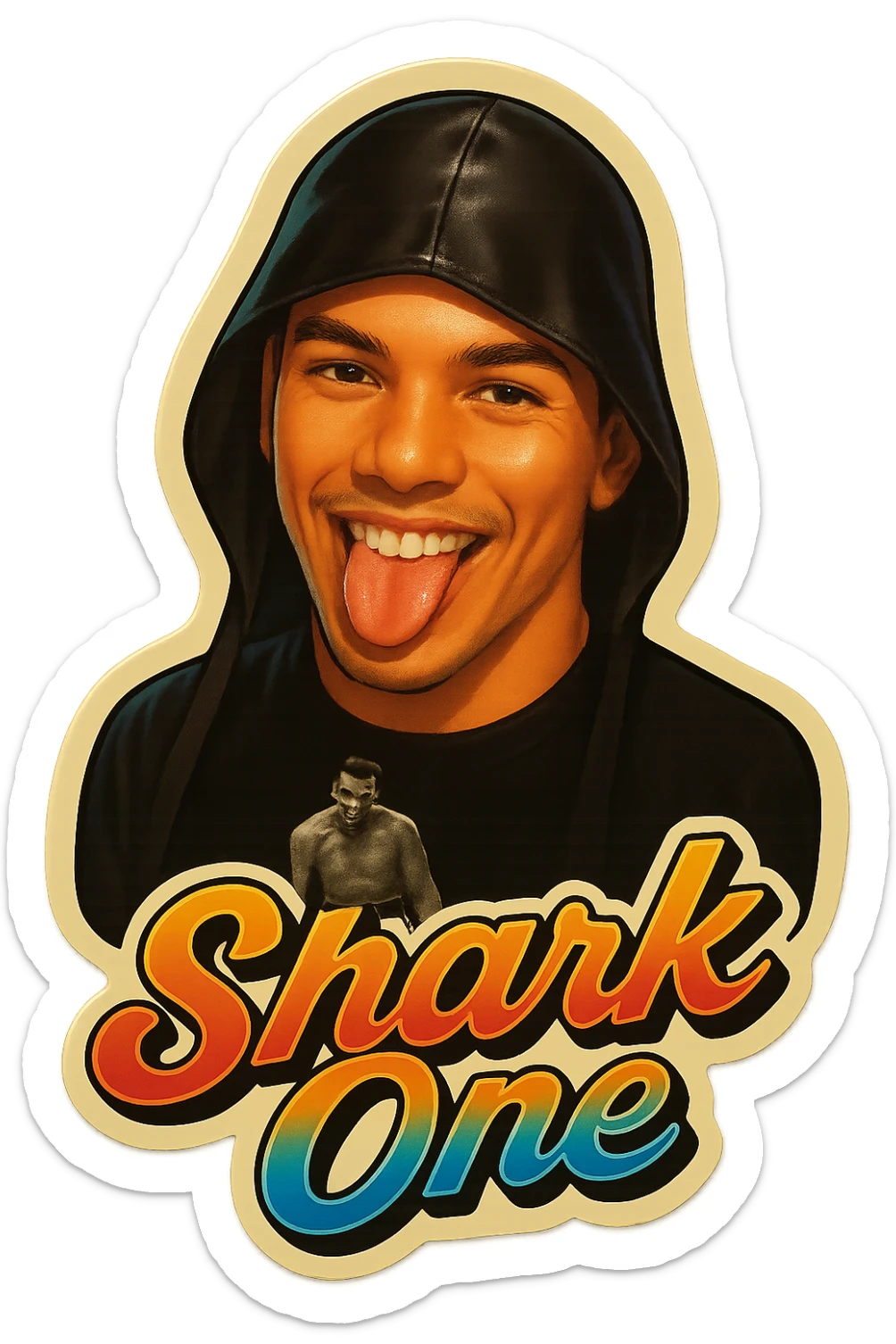 Make him Smiling with tongue sticking out
Add the words Shark One sticker