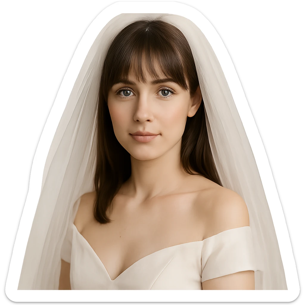 bride with light skin, hazel eyes, brunette straight hair with bangs, wearing a veil, gentle expression sticker