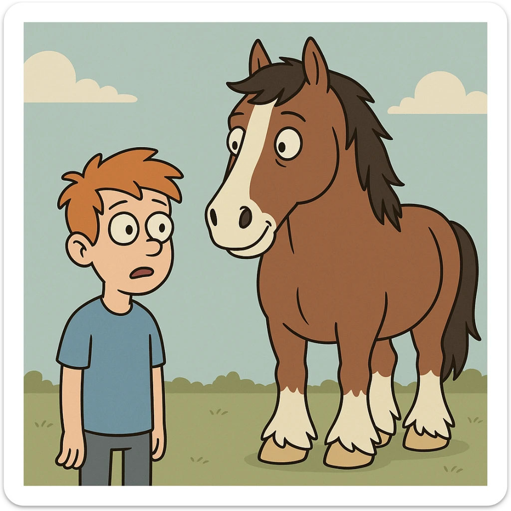 A boy orange hair blue shirt Clydesdale horse sticker