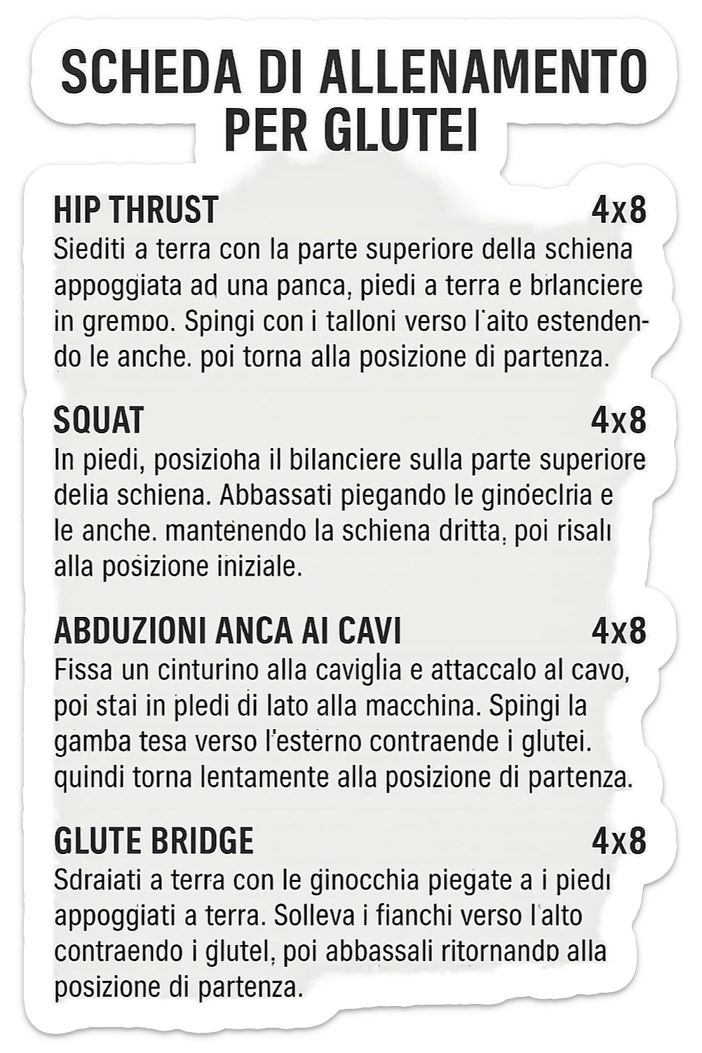 scheda di allenamento glutei in italiano con le reps scritte (tipo 4x8 ecc), iperrealistico 4k sticker