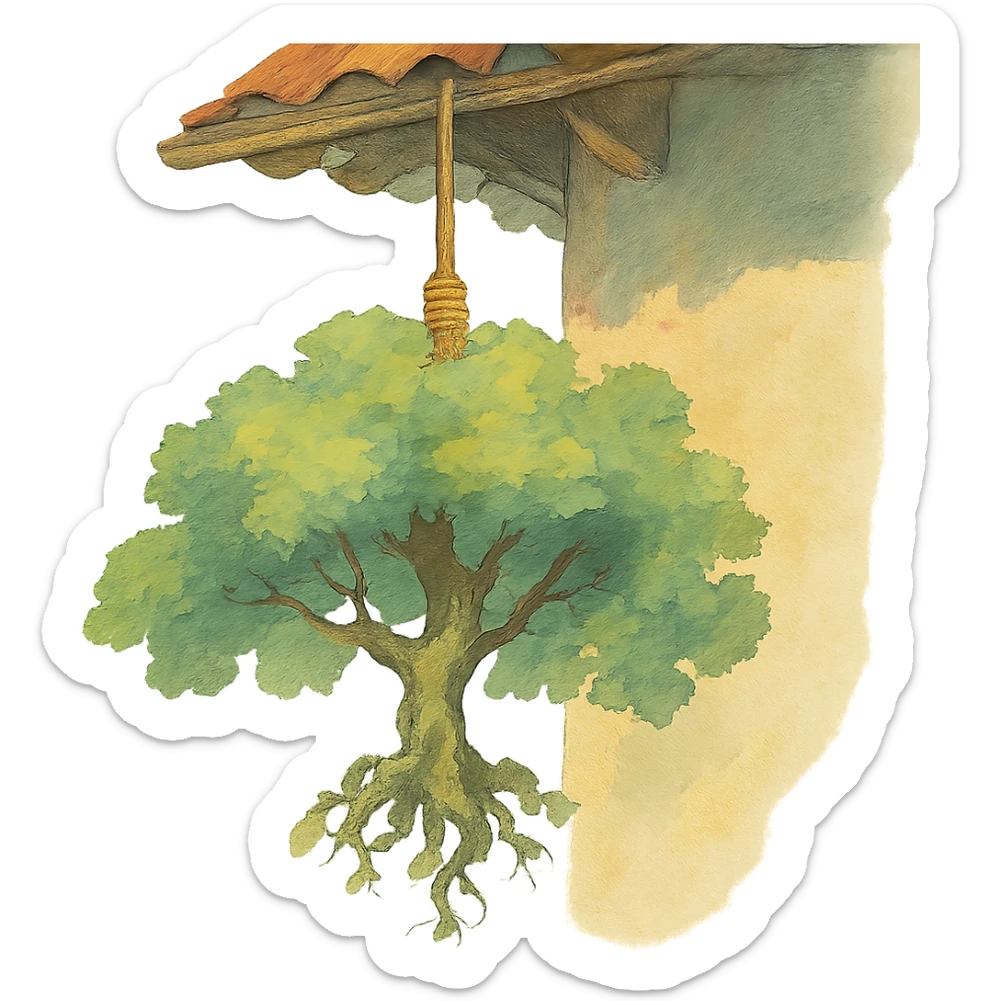 ghibli style illustration of a tree hanging from a roof, soft colors, whimsical sticker