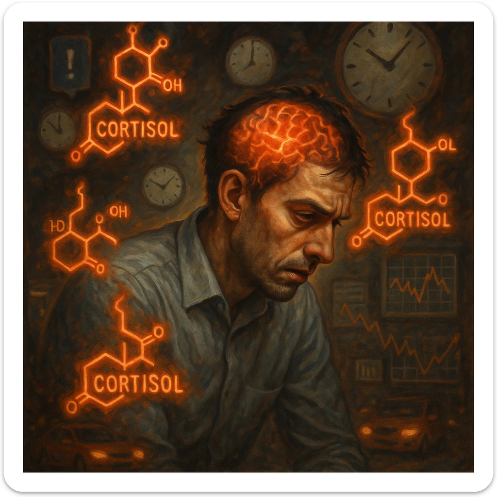 semi-realistic, symbolic surrealism; stressed man in his 30s, tired eyes, tense muscles, hunched posture; floating 'Cortisol' symbols with orange-red glow; chaotic background (clocks, notifications, traffic, charts); brain visible with red-orange neural activity; moody lighting, expressive face sticker