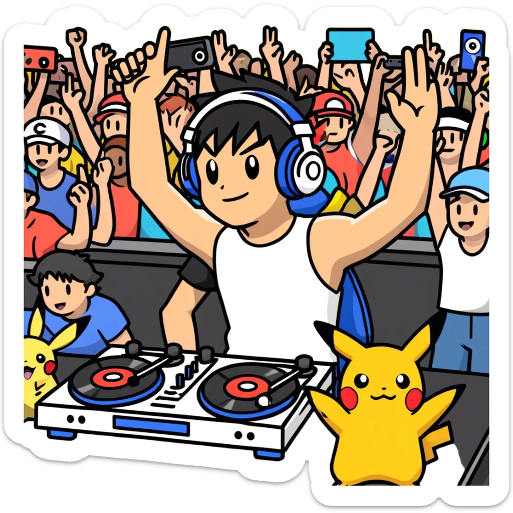 Hot handsome 6ft ash ketchum without a shirt, being a DJ in a zoom meeting for a bunch of pokemon sticker
