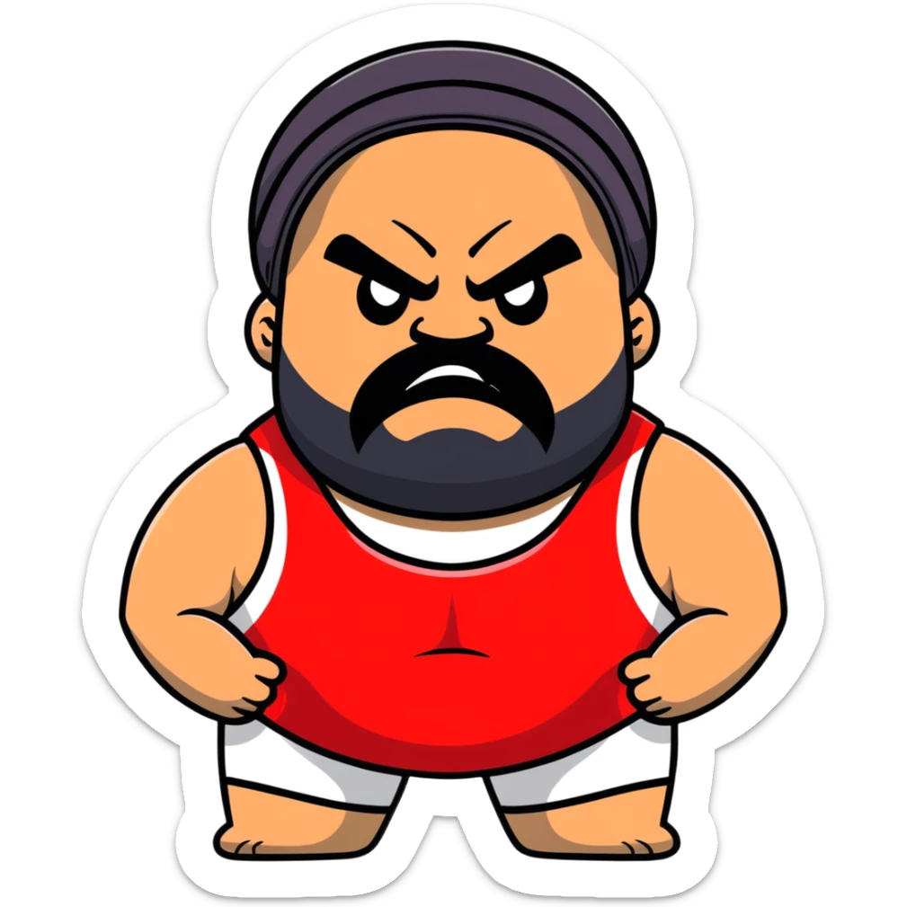 White skin fat guy with prominent black durag, black beard, black eyes in a red and black wrestling singlet with angry face sticker