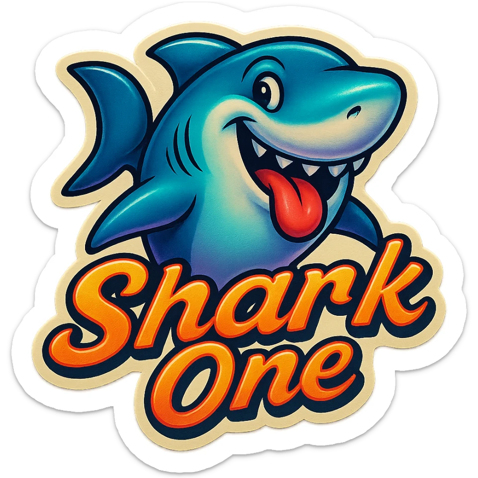 Smiling with tongue sticking out
Add the words Shark One sticker