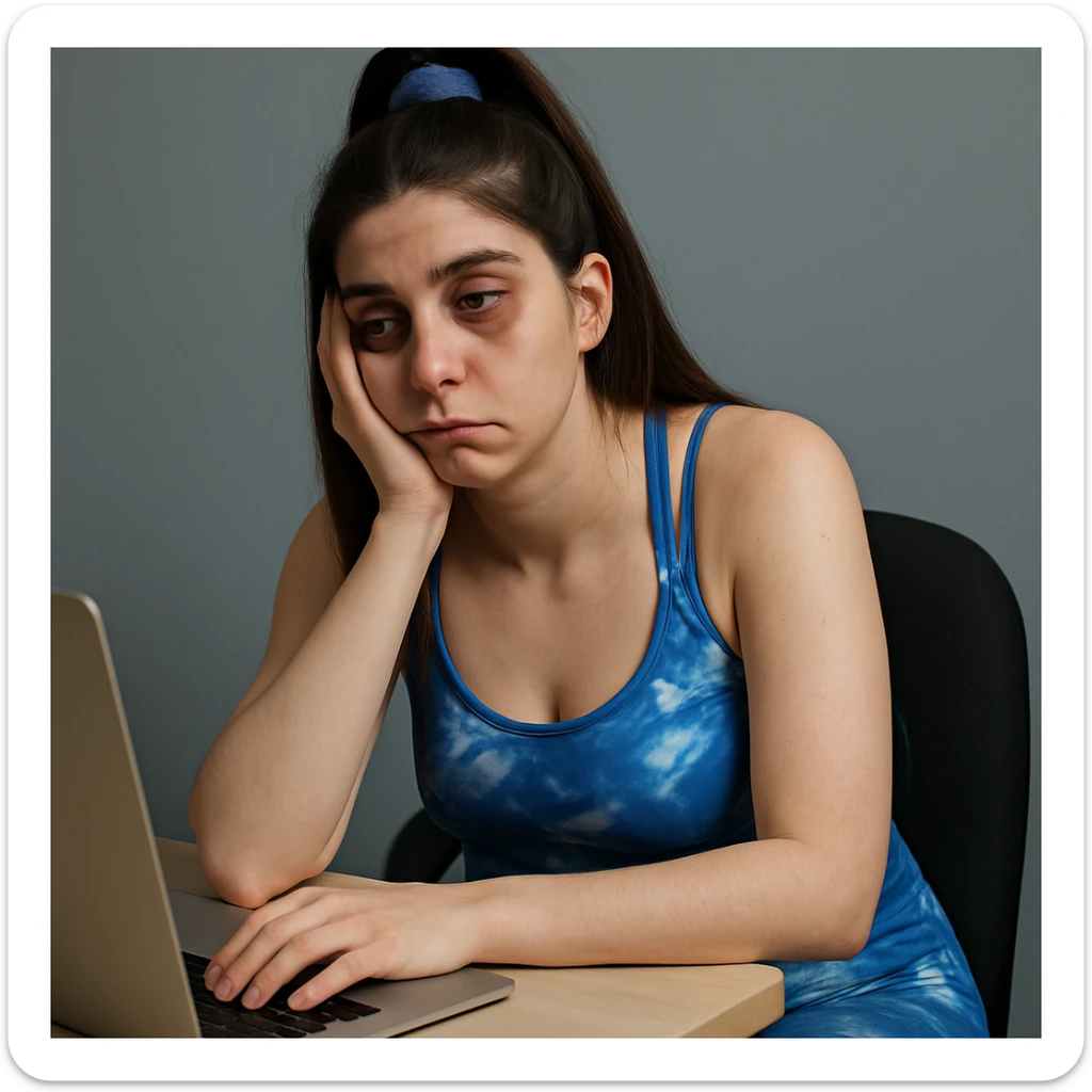 A slender woman in 4K, sitting at a desk, head resting on one hand, with a vacant gaze, prominent dark circles under her eyes, a slouched posture and drooping shoulders, inspired by the reference photo. sticker
