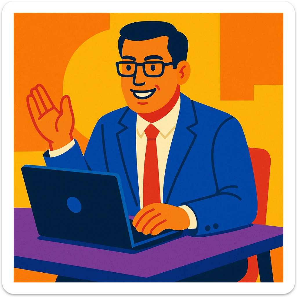 A 35-year-old male business coach sitting at a table with a laptop sticker