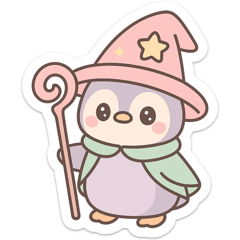 cute penguin wizard wearing a magical hat and holding a staff, fantasy style sticker