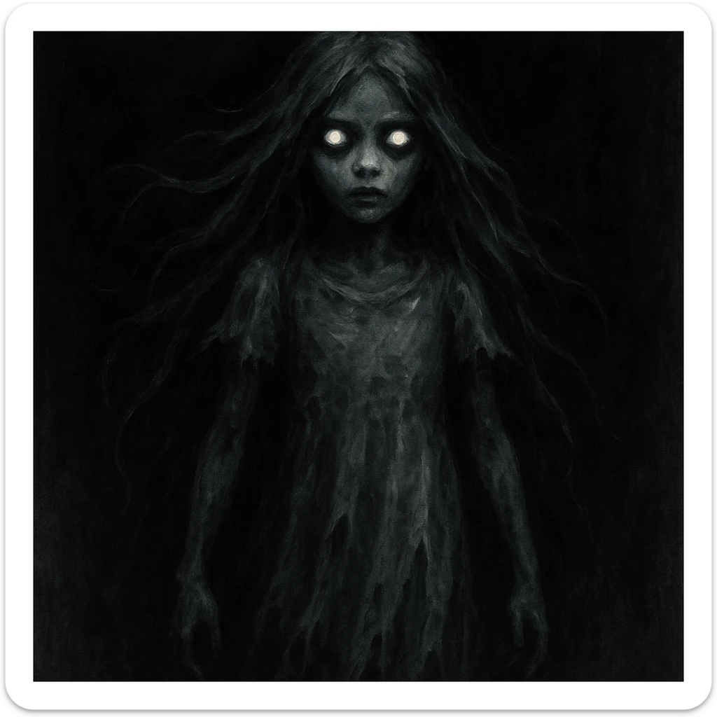 spooky girl ghost, long flowing hair, glowing eyes, tattered dress, dark background sticker