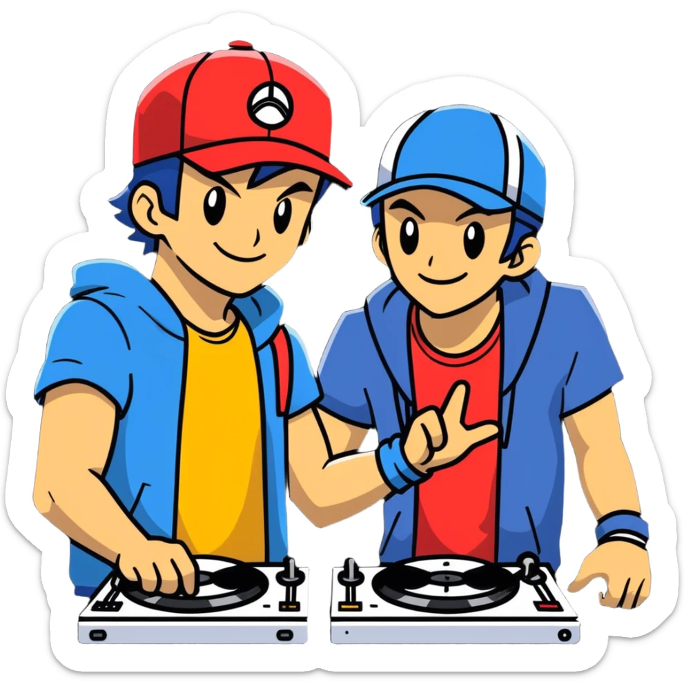 Hot handsomeb muscular 6ft tall smiling happy ash ketchum being a  dj and his music is on fire while kissing a friend sticker