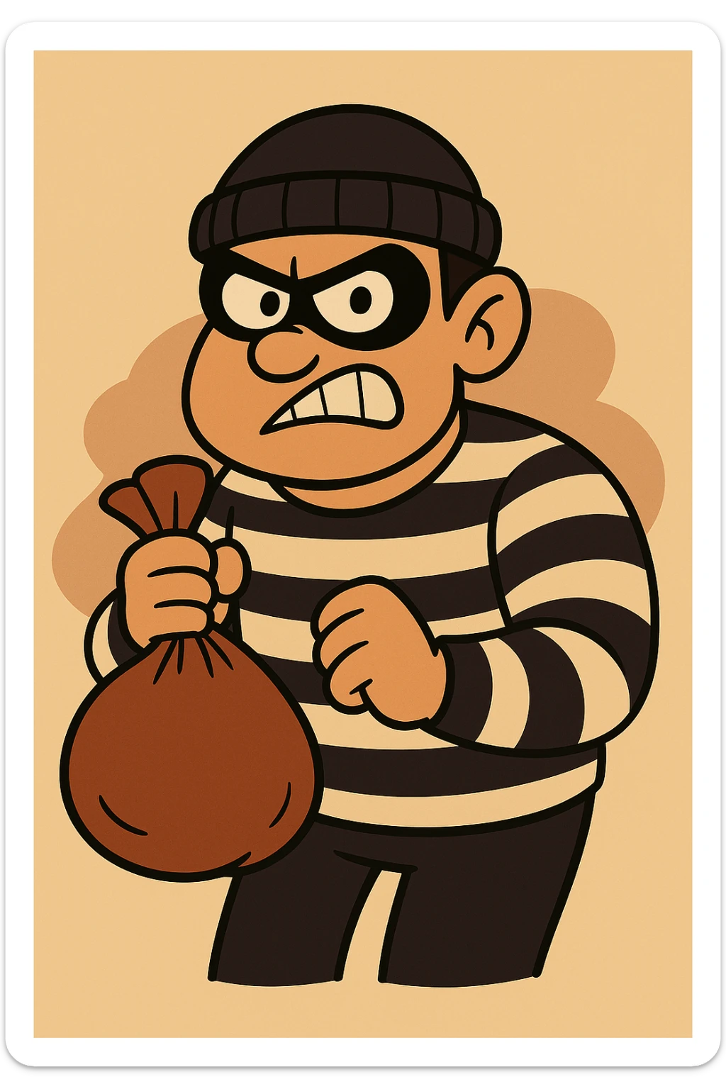 Add a bag of money to the robber character, maintaining the same flat toon style with vibrant colors and clear details consistent with the original image. sticker